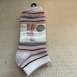 Women’s No-Show Socks - Pink, Gray & White Stripes (2 Pairs)